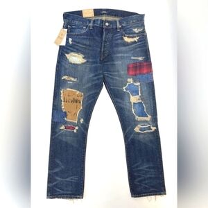 Polo Ralph Lauren Men's Jeans Distressed Plaid Patch Rip Repair Dark Wash 42 NWT